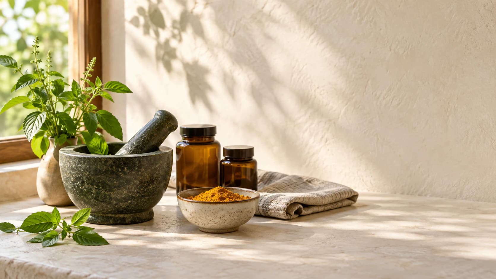 Traditional botanical ingredients, a mortar, and amber glass jars arranged for an Ayurveda discussion