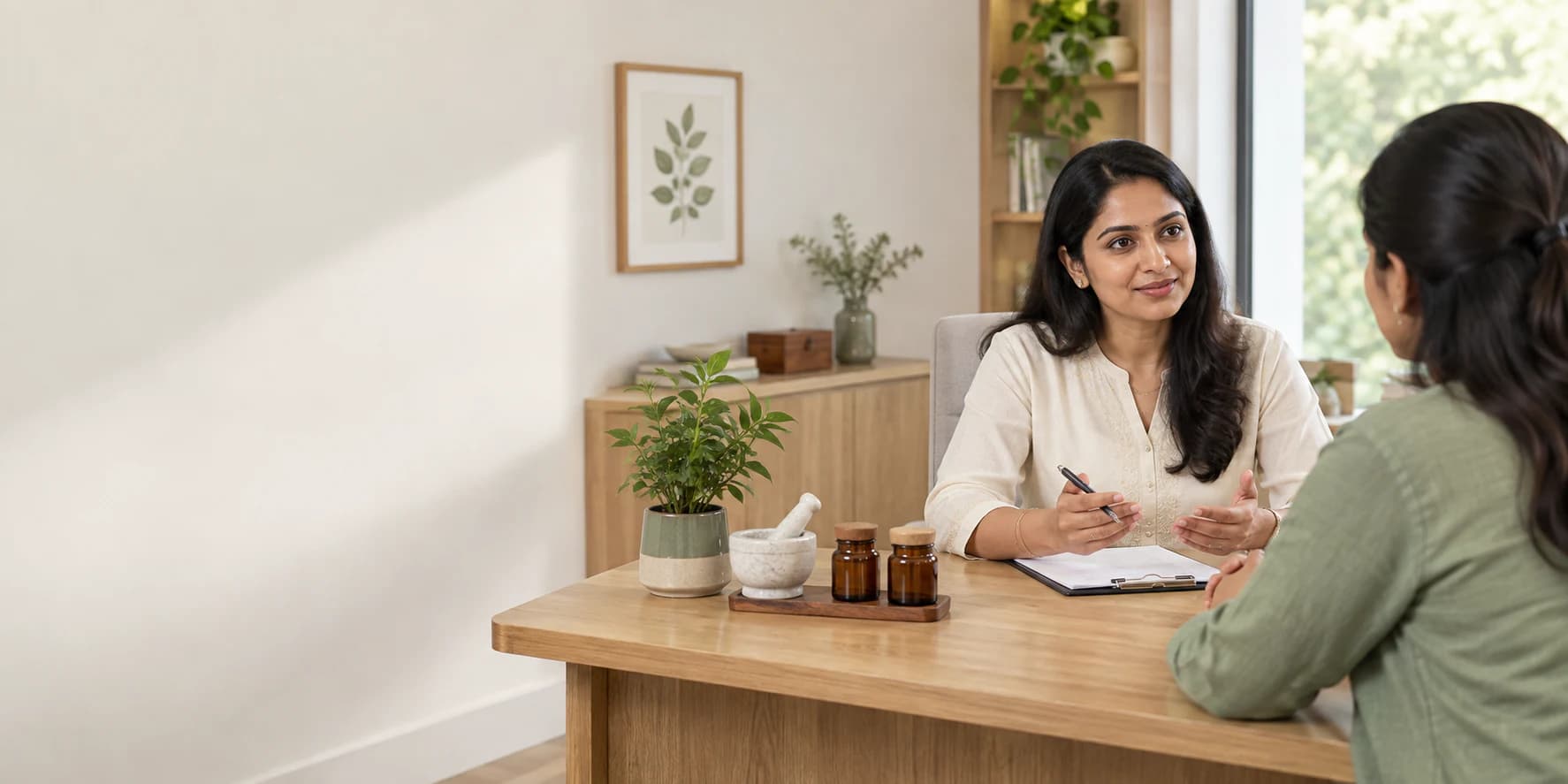 An Ayurveda practitioner listening to a client during a calm consultation