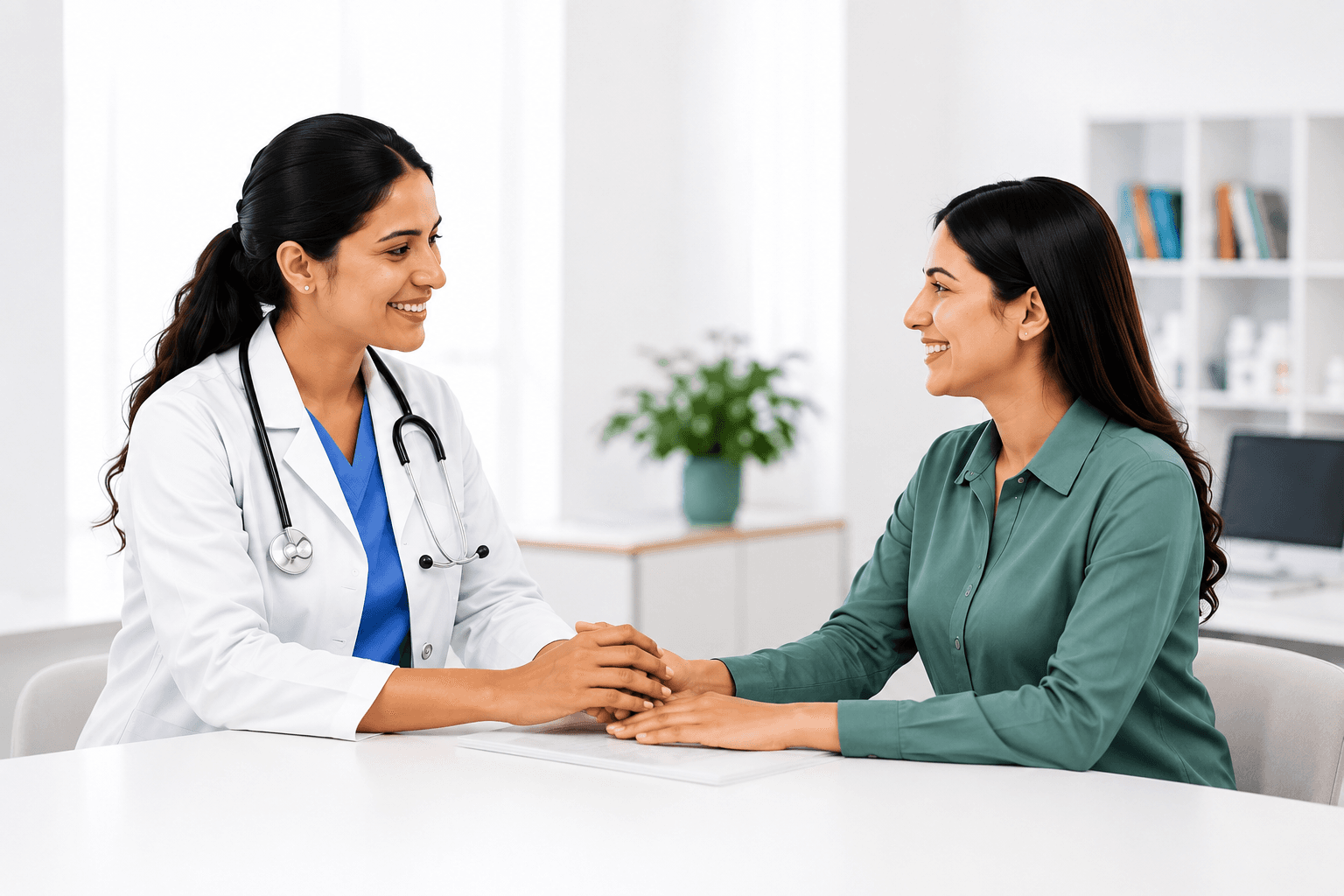 Doctor and patient smiling during a bright clinic consultation