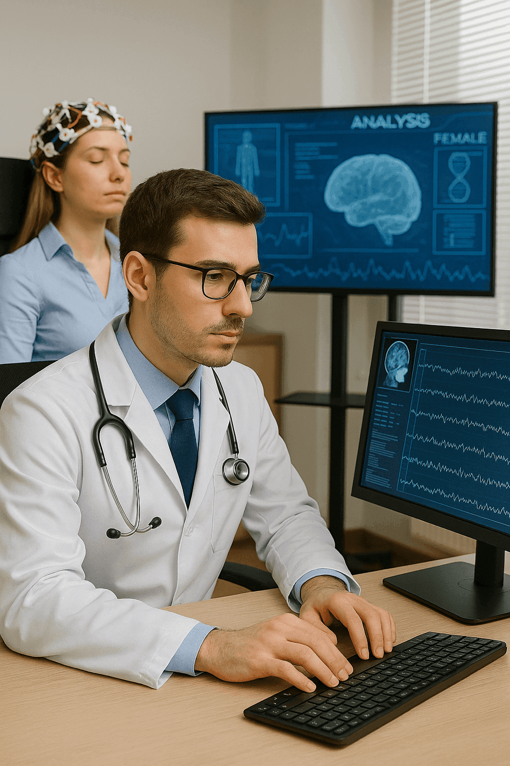 Neurology specialist reviewing diagnostic monitors