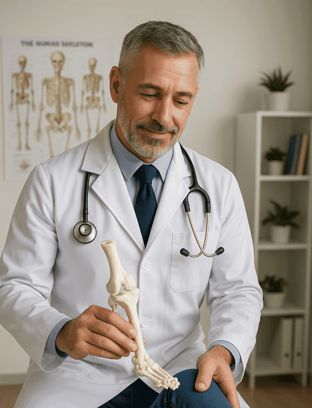 Orthopedic specialist holding a bone model