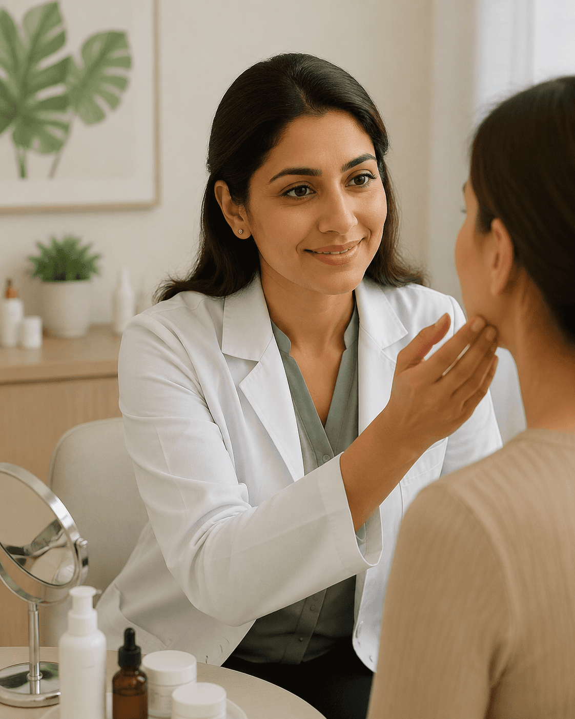 Dermatologist examining a patient's skin