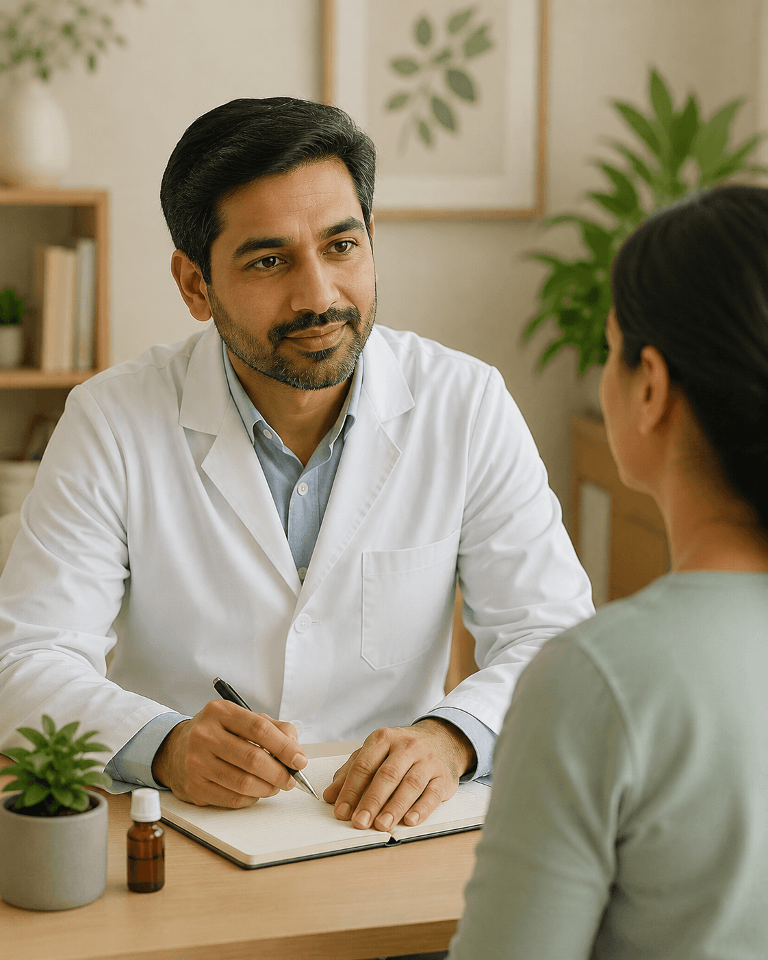 Homeopathic practitioner in a patient consultation